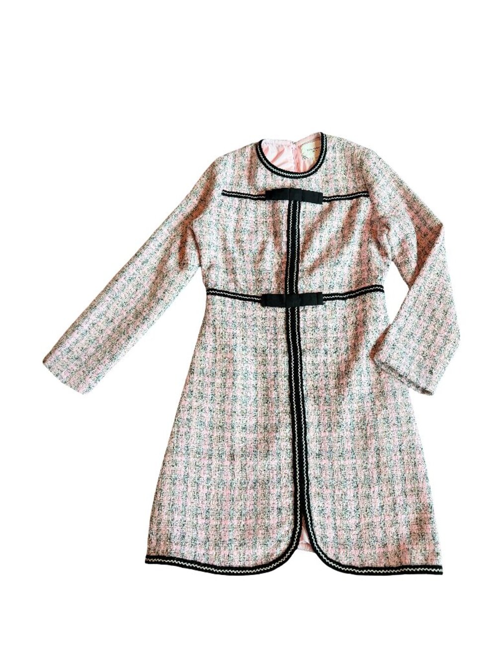 Pomander Place Pink Black Boucle Tweed Bow Dress Long Sleeve Fit X-Small Women's